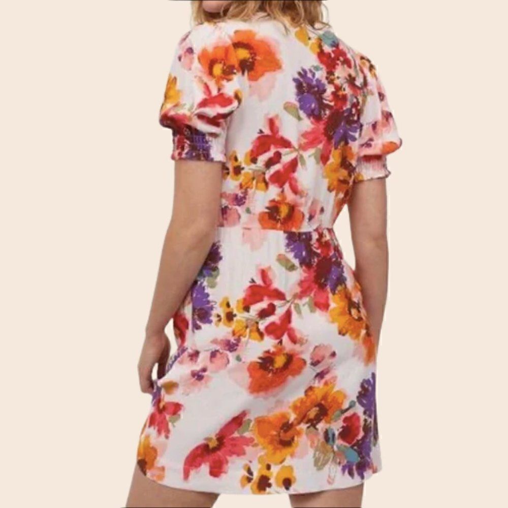 H&M Light Pink Floral Puff Sleeve Fit & Flare Mini Dress Size Small - Picture 2 of 13